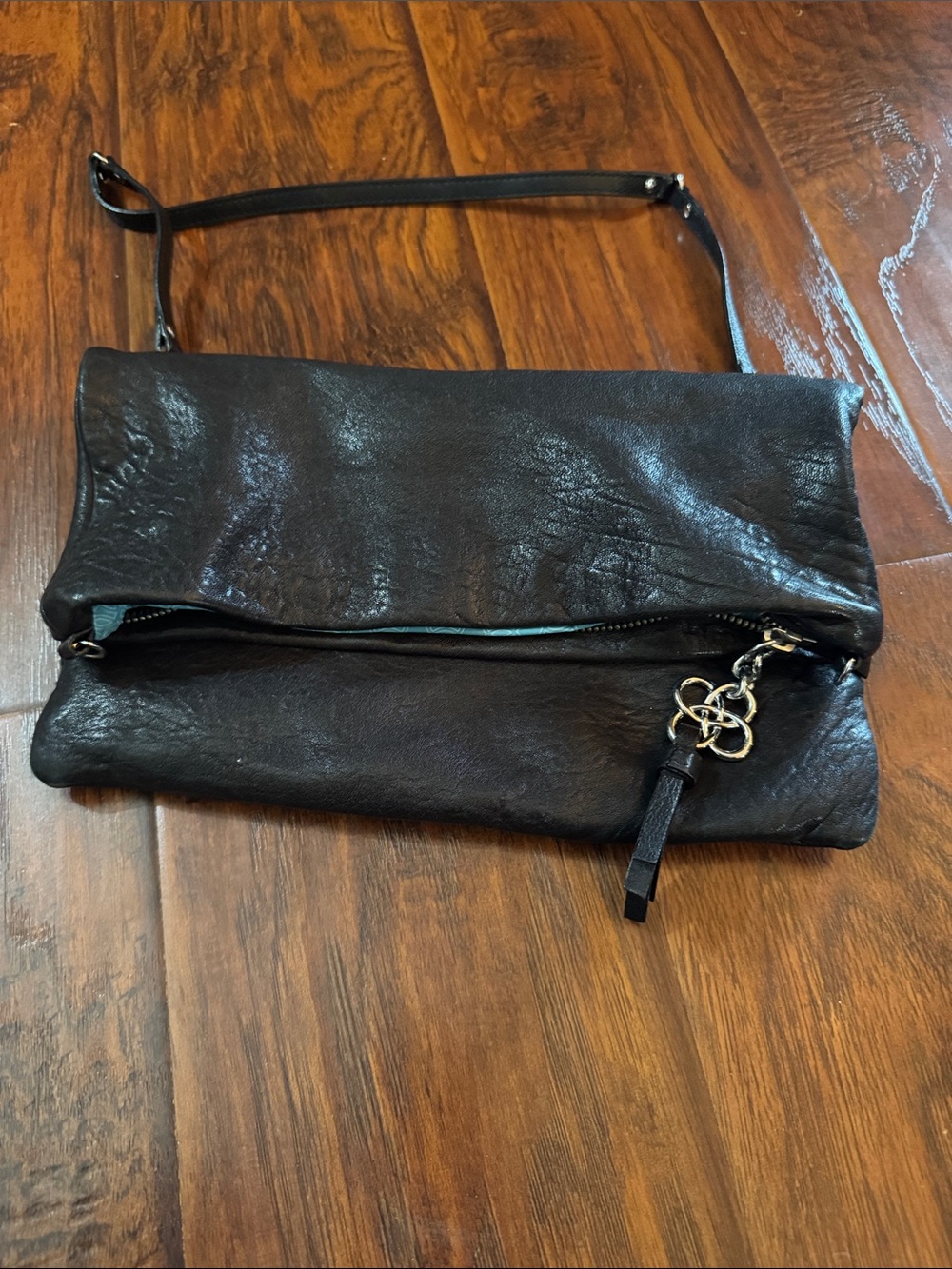 Stella & Dot Waverley Black Leather Fold-Over Wristlet with Gold Charm